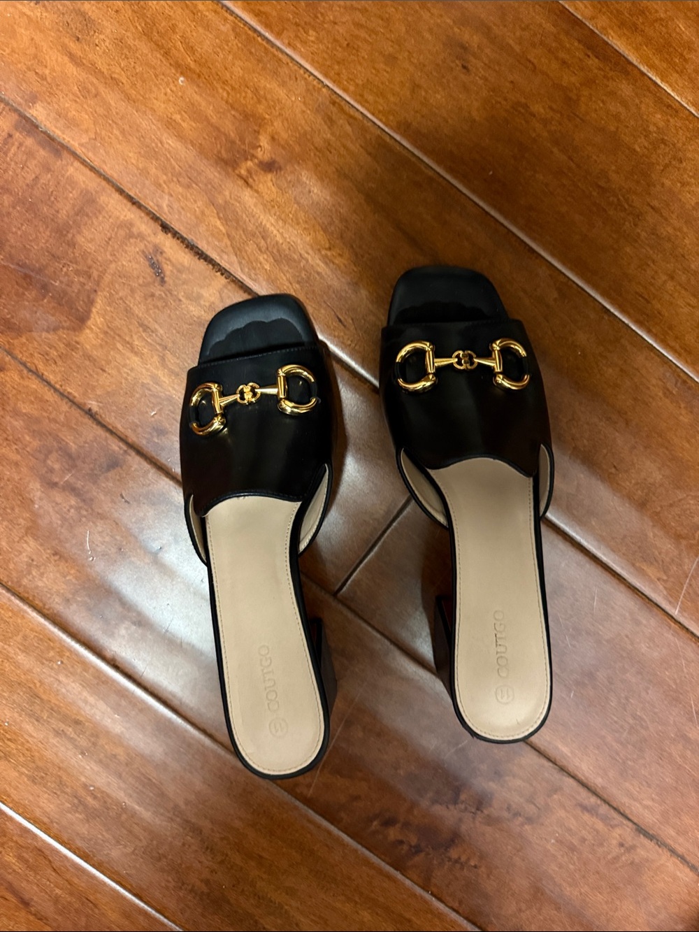 Black Slide Heels with Gold Horsebit Accent